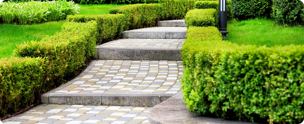 A paved stepped path in a beautiful park passes through a green lawn with decorative flowers, framed on both sides with cut bushes and lanterns under soft sunlight